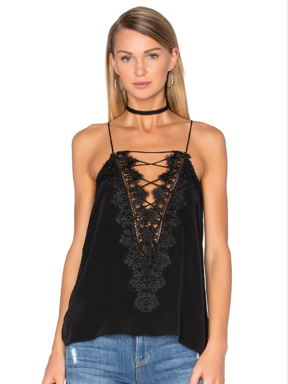 Cami NYC Black Lace-Up V-Neck Lace-Trim Cami